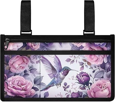 LedBack Wheelchair Side Bag Walker Bag Purple Hummingbird Floral Office Wheelchair Armrest Accessories Organizer Pouch, Easy to Install