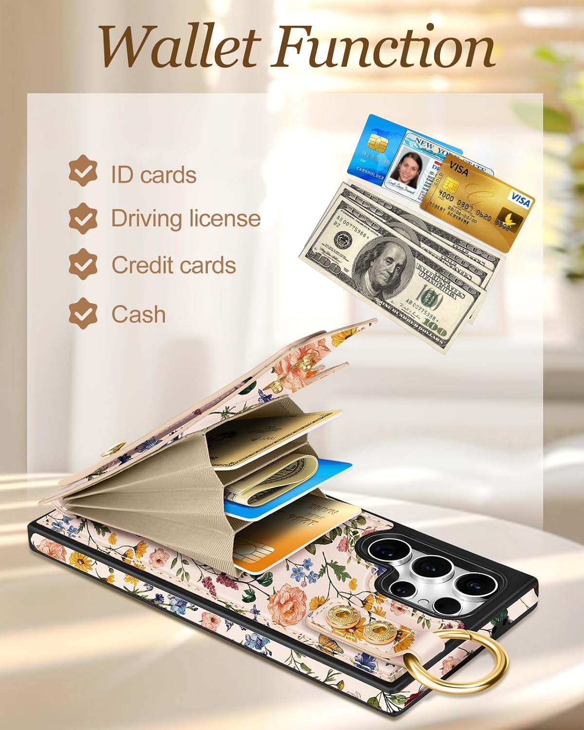 Petitian for Samsung Galaxy S25 Ultra Case with Wallet - Women Girls Cute Girly Aesthetic Unique Design Leather Credit Card Holder Cardholder Stand Wristband for S25 Ultra, Vin Flower - Image 3