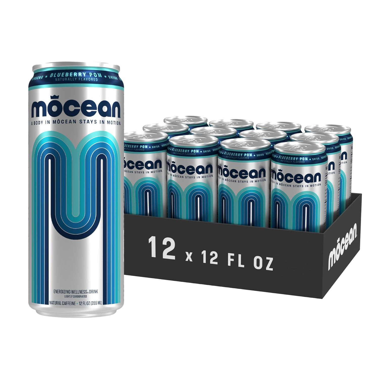 MŌCEAN Blueberry Pomegranate Energy Drink, 12-Pack (12 fl oz) Clean Adult Energy Drink with 130mg Natural Caffeine, Adaptogens & Minerals, No Taurine, No Sucralose, No Candy Flavors