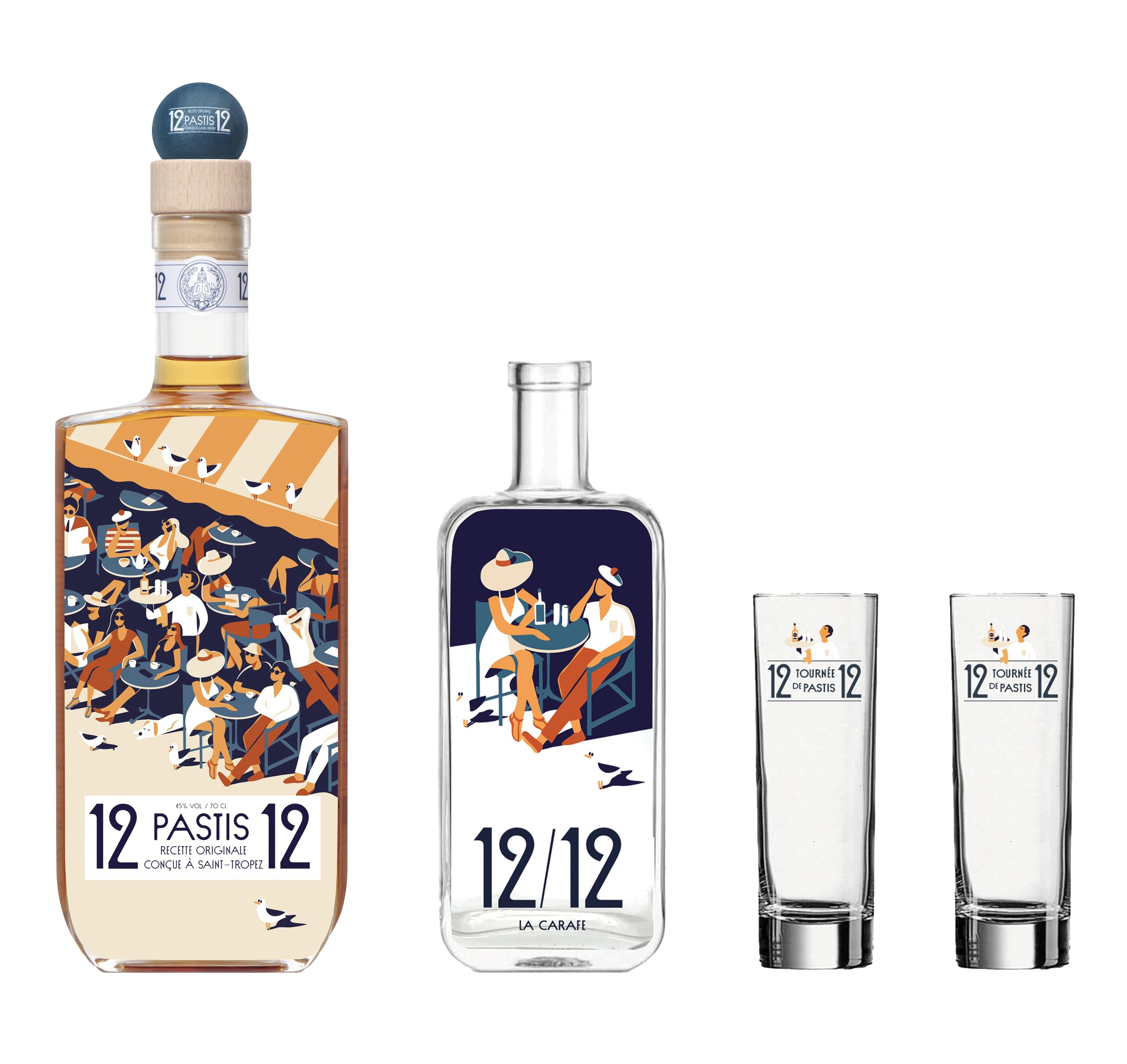 Pastis 12/12 Coffret Terrasse + Carafe et 2 verres 45° 70cl