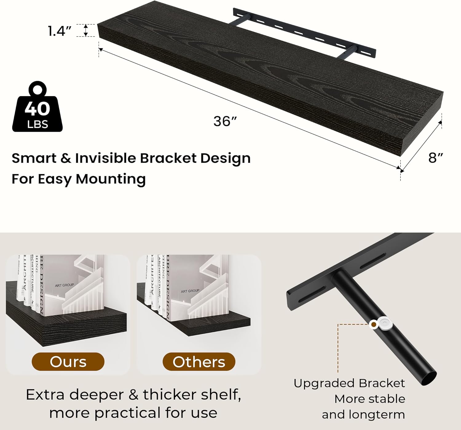 Dreamland 36 Inch Long Floating Shelves in Black,8 Inch Deep Floating Shelf for Wall,Large Display & Storage Shelf, Wall Shelf for Bathroom Bedroom Living Room Kitchen Office，Set of 2