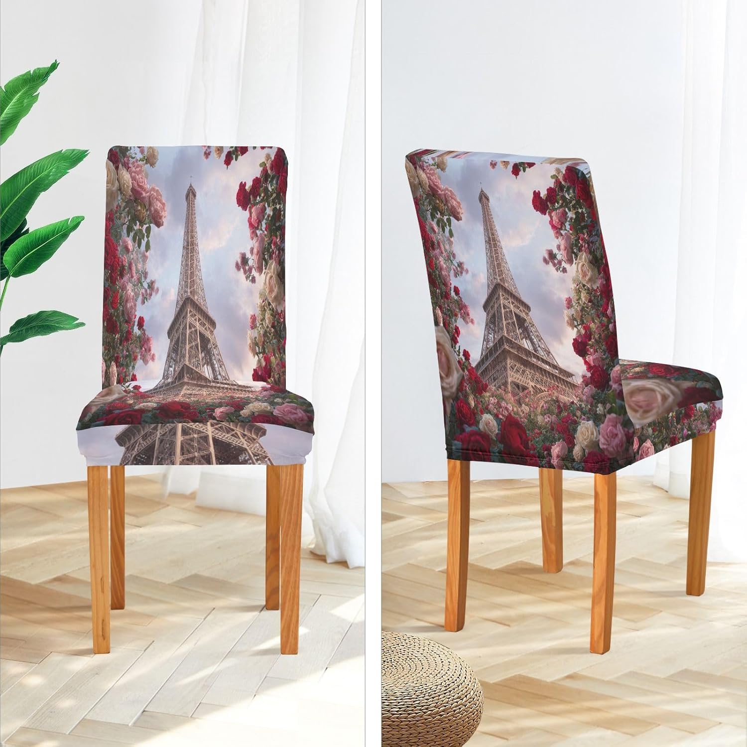 ALAZA Chair Covers for Dining Room, Eiffel Tower Red Roses Stretch Chair Cover Sets Chair Protector Removable Washable for Ktichen Restaurant Hotel
