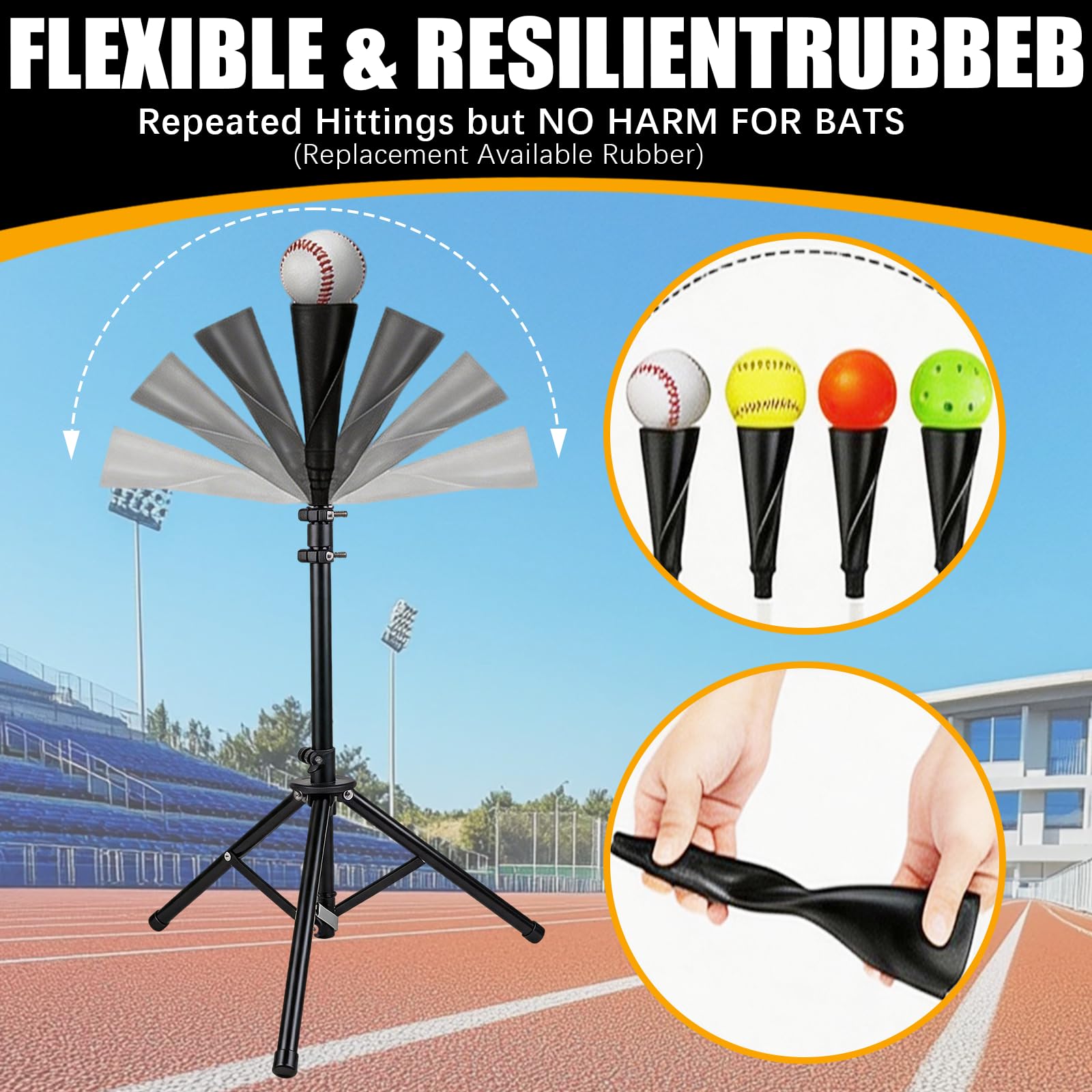 BRGD Noir Tee de Baseball avec Trépied, T-Shirt de Baseball et Softball Portable avec Sac Transport pour Terrains, Stades, Aires de Jeux, Cours Intérieures, Parcs, H : 72 à 121cm