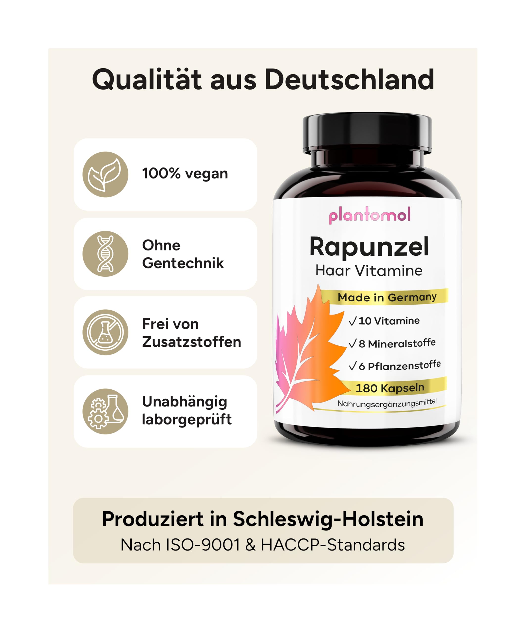 Haar Vitamine - 180 Kapseln - 24 Inhaltsstoffe mit Biotin hochdosiert 10.000µg Hirse & Silizium - Haut Haare Nägel Kapseln - Rapunzel - 3 Monatsvorrat