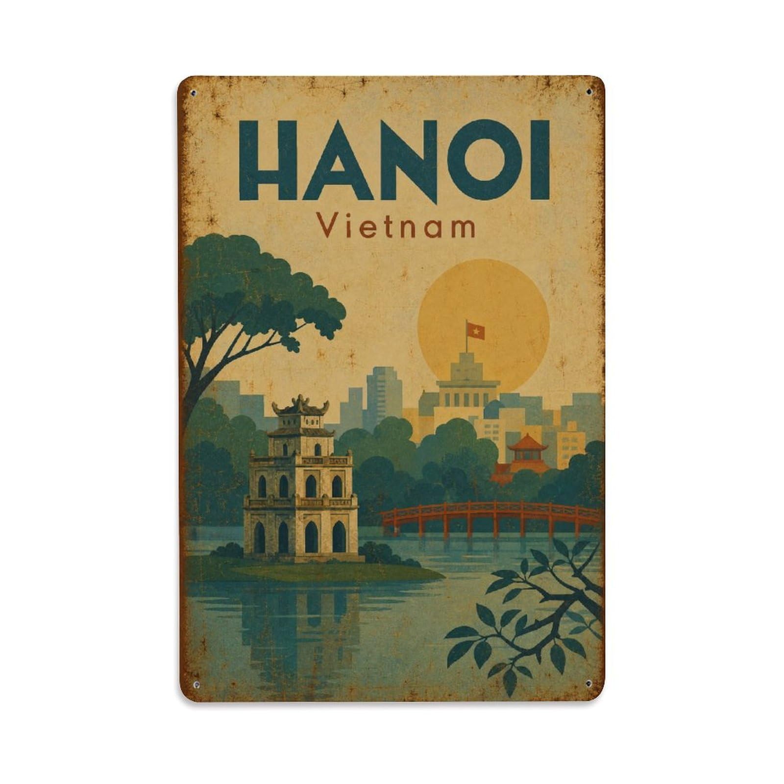 Hanoi Vietnam Heritage Lakeside Temple Travel Metal Tin Sign