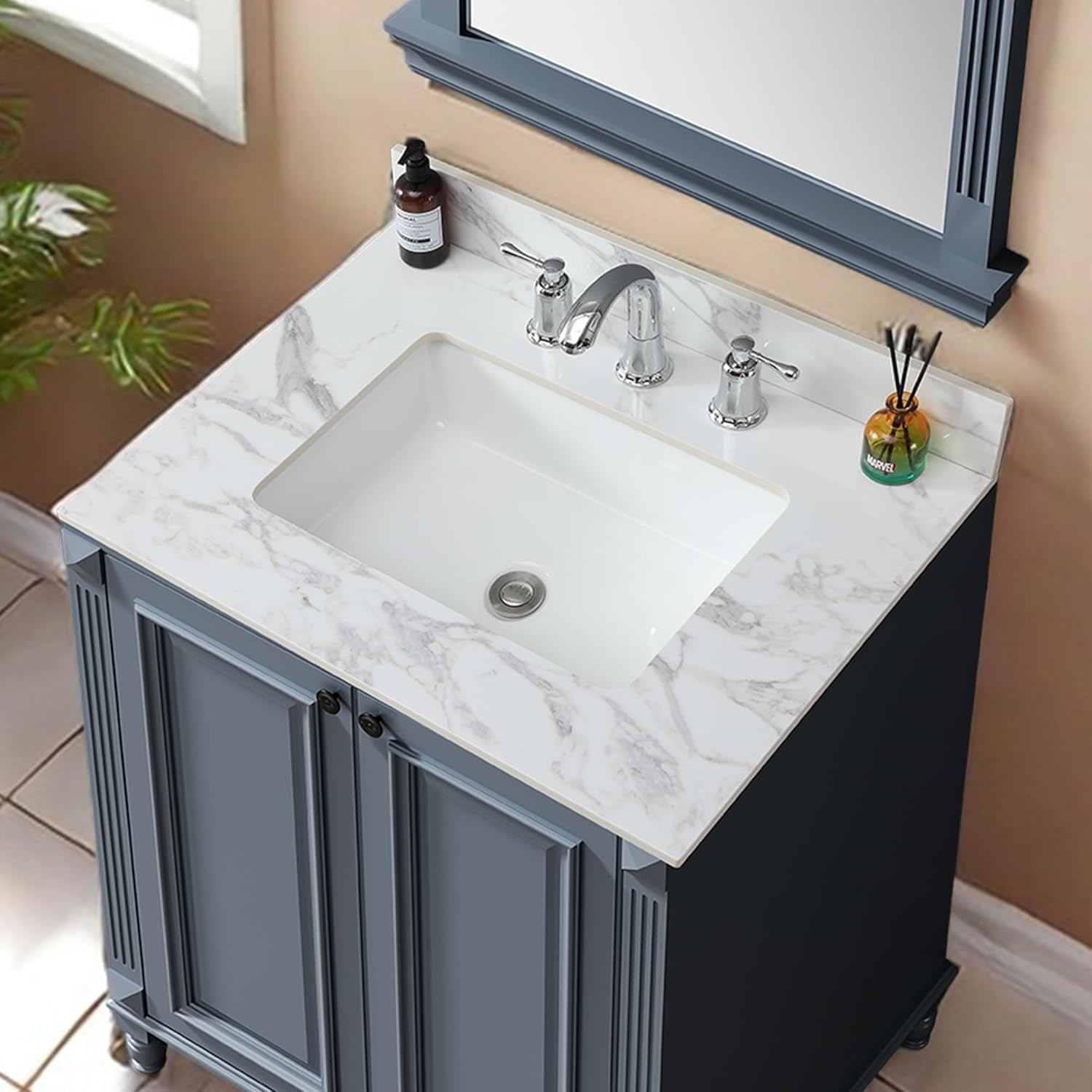 Runboll Bathroom Vanity Top, 31 Inch Sintered Stone Vanity Top with Undermount Rectangular Sink, 4" Backsplash, Pre-Drilled 3 Faucet Holese, Vanity Sink Tops for Bathroom (Cabinet Not Included)