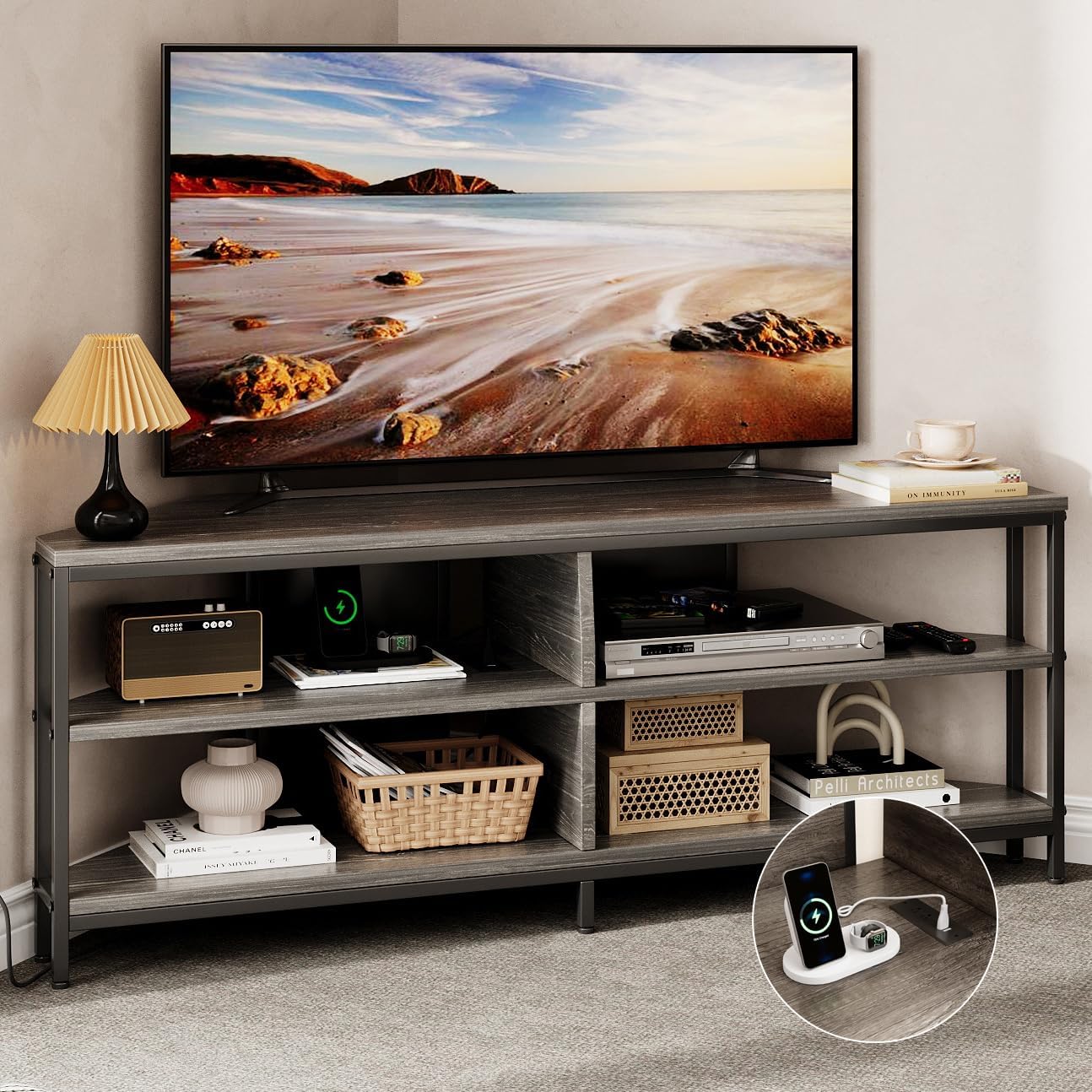 MUTUN Corner TV Stand with Power Outlet, Corner TV Stand for 32 43 50 55 60 Inch TV, Corner Entertainment Center, Industrial TV Console Table for Living Room Bedroom, 55 Inch, Grey Oak