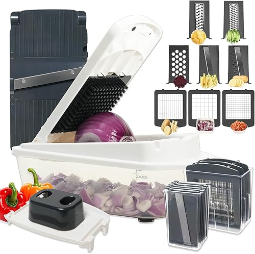 Picador de verduras 8 en 1 con recipiente, picador de ensalada de cebolla vegetariana, cortador de mandolina, cortador de papas fritas, utensilios