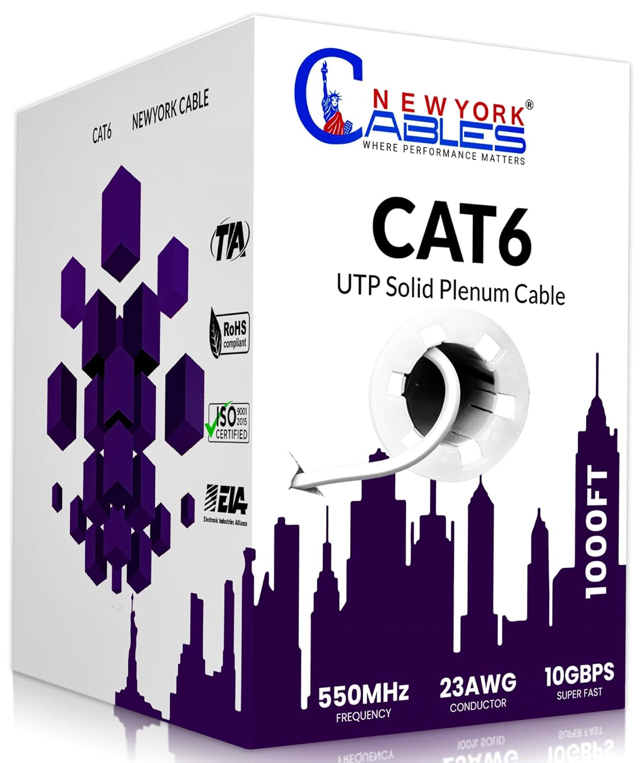 Newyork Cables | CAT6 Plenum Cable 1000ft | 23AWG, UTP 4Pairs, 550MHz 10Gbps Most Certified (CMP) Rated | Fire-Resistant Jacket | Bulk Cat 6 Ethernet Cable for Networking (Solid Conductor, White)