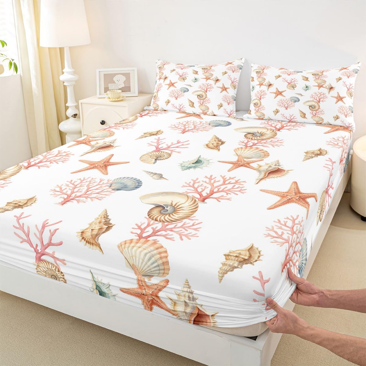 Homewish Coastal Beach prześcieradła podwójne oceaniczne stworzenia, prześcieradło z gumką, głęboka kieszeń, 40 cm, zestaw pościeli z muszlą, motyw koralowej rozgwiazdy, z 2 poszewkami na poduszki