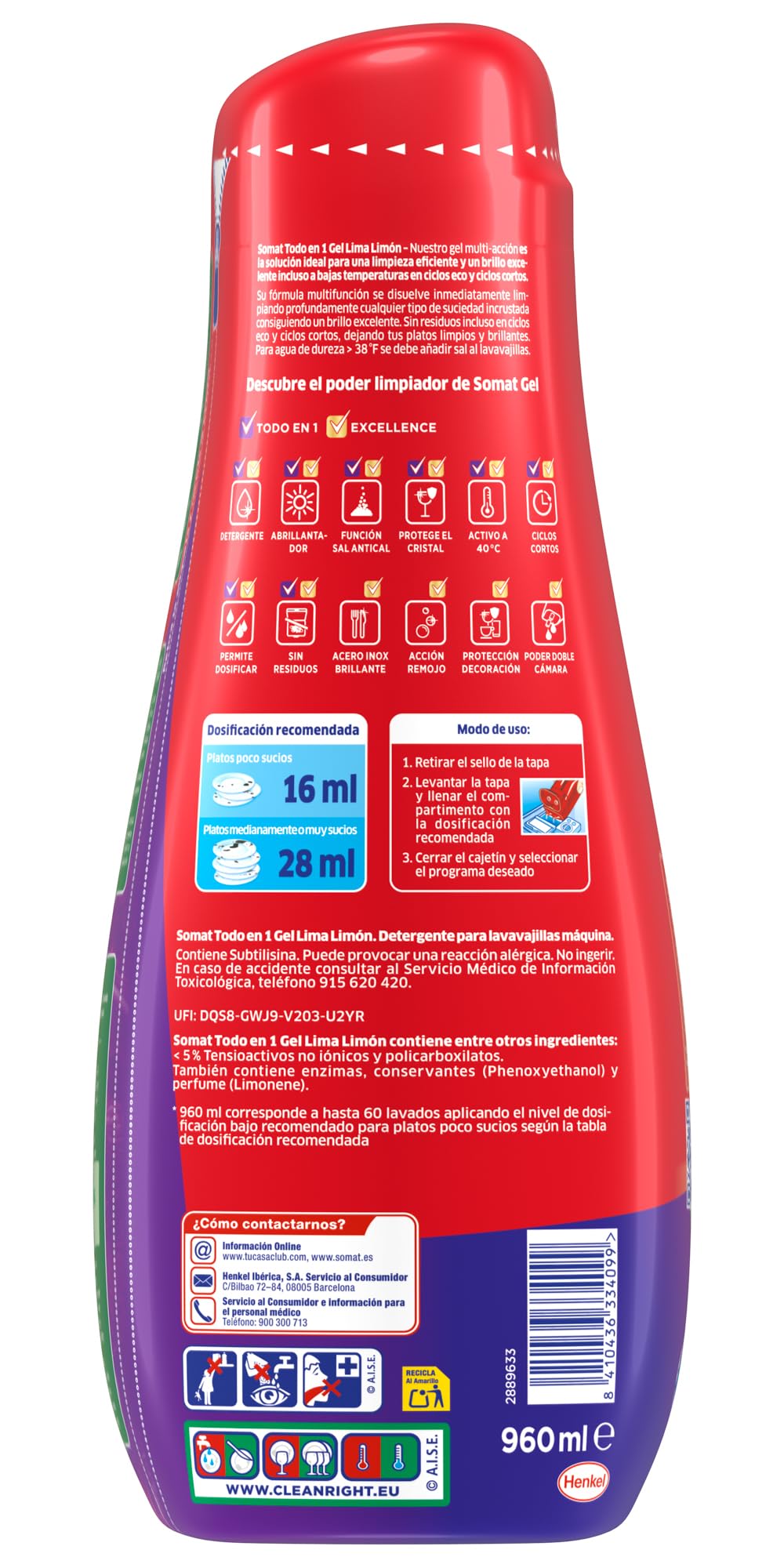 Somat Tutto in 1 Gel Lavastoviglie Limone e Limone – Confezione da 4 – Totale: 240 lavaggi (4,32 l)