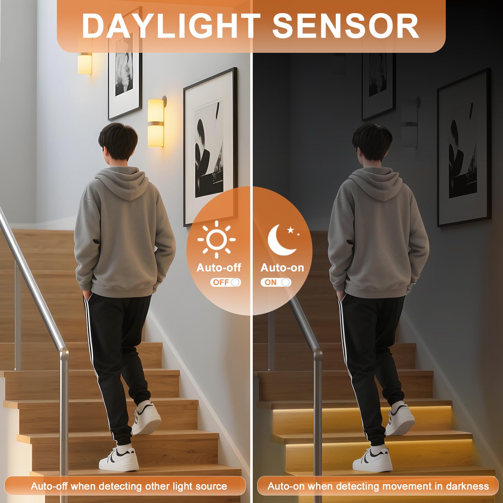 Smart Treppenlicht System mit Bewegungsmelder, 16 Stufen COB LED Stufenbeleuchtung 3000 K Warmweiß, Intelligente Treppenbeleuchtung mit Lichtsensor, Automatische Innenbeleuchtung für Treppen