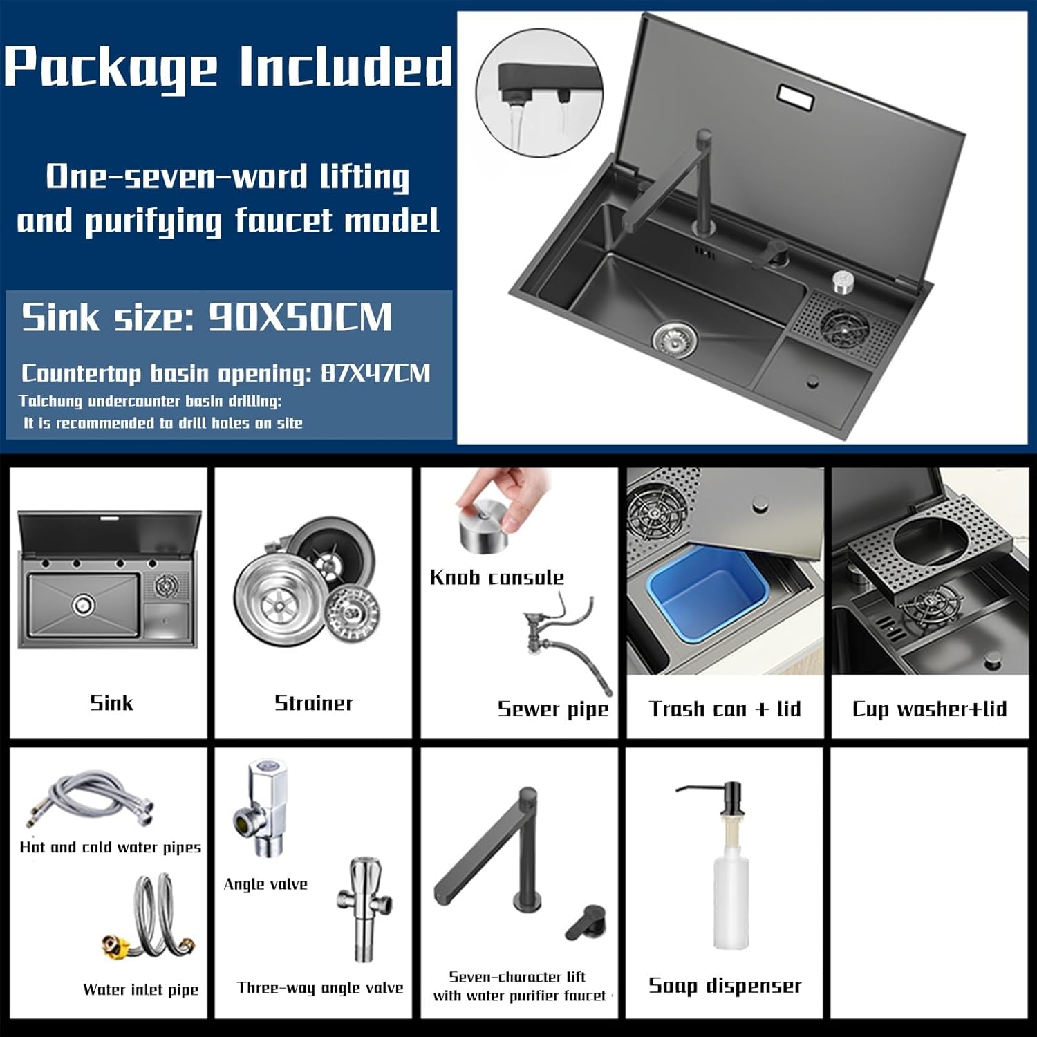 35.4" Hidden Kitchen Sink With Cover - 304 Stainless Steel Multi-Functional Nano Large Single Sink With Cup Washer