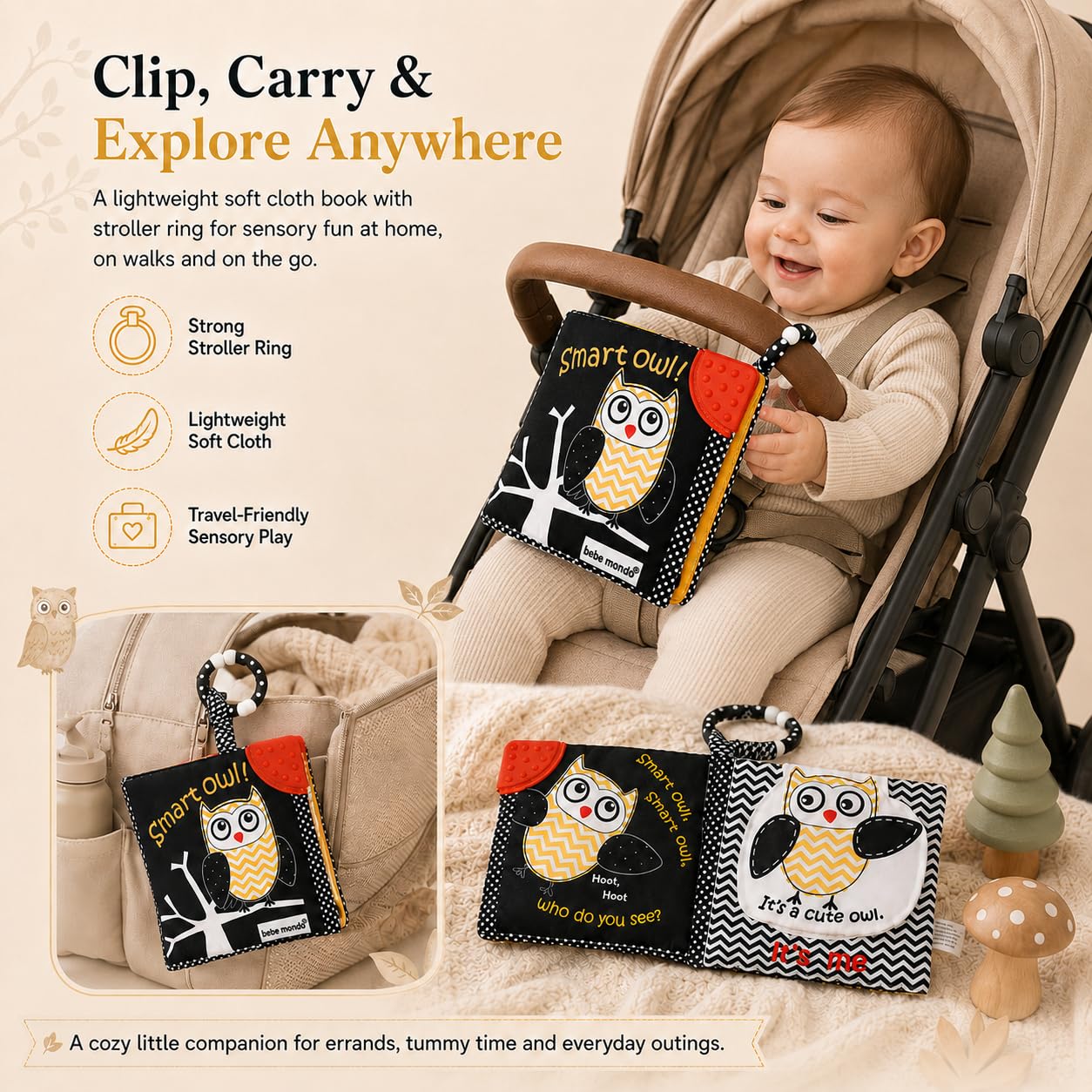 High Contrast Baby Book, Crinkle Books for Babies, Newborn Infant Toys 0-3, 0-6, 6-12 Months, Touch & Feel Black and White Soft Book, Tummy Time Mirror Toy, Teething,Baby Shower, Gifts Boys Girls-Owl