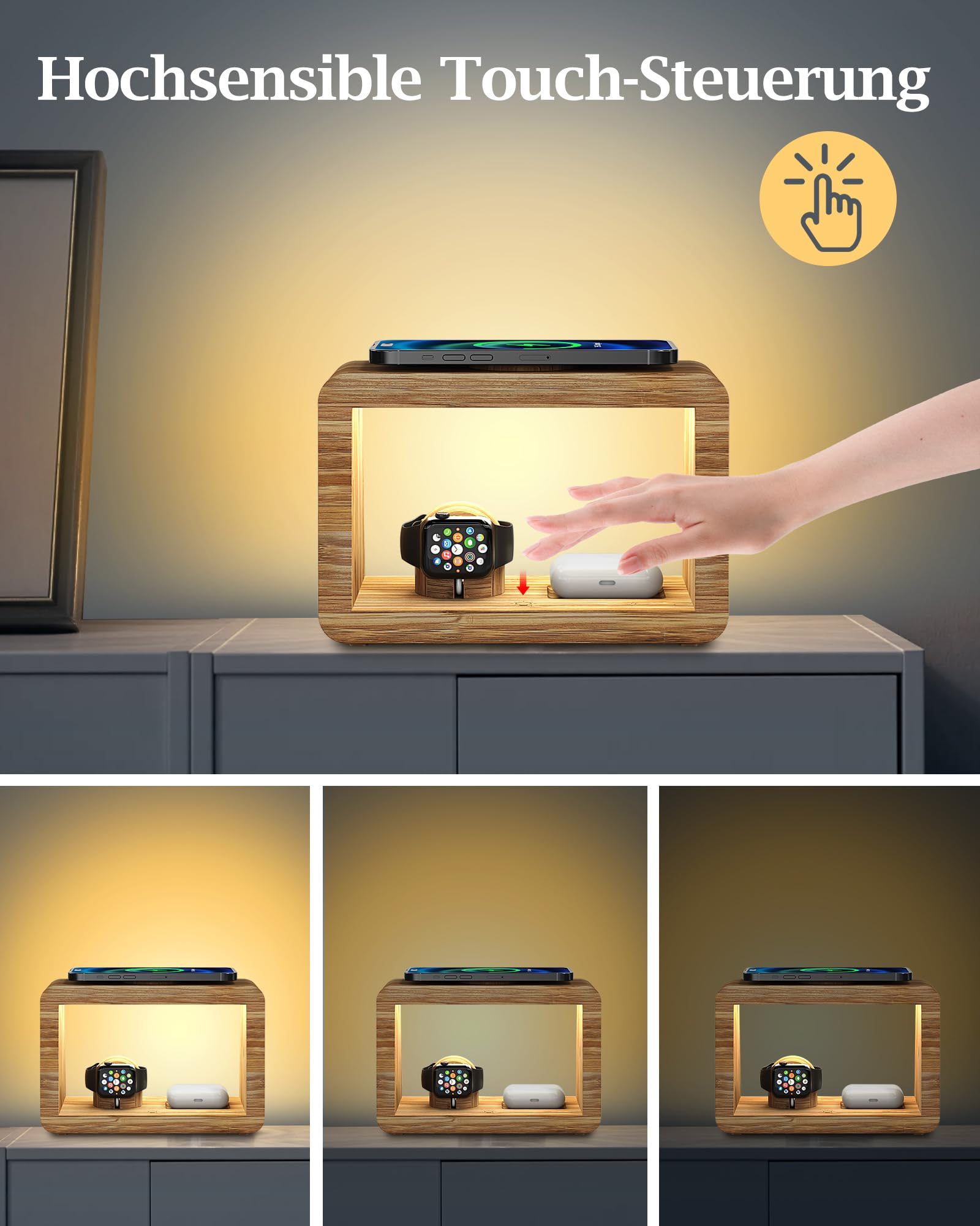 Estación de Carga inalámbrica con luz Nocturna, Cargador rápido inalámbrico 4 en 1 con Adaptador y Cable, Cargador inalámbrico para i Phone, AriPods Pro, A`pple Watch