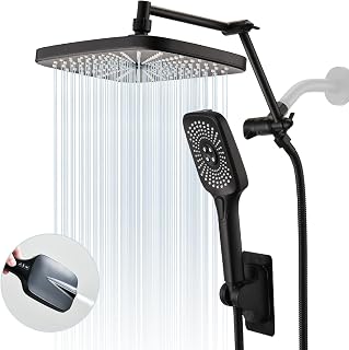 BATHLET 12" Rainfall Shower Head with Handheld, Rain Showerhead with High Pressure 3+1 Settings Handheld Spray, 12" Adjustable Extension Arm Build-in 3-Way Diverter, 6ft Hose - Matte Black