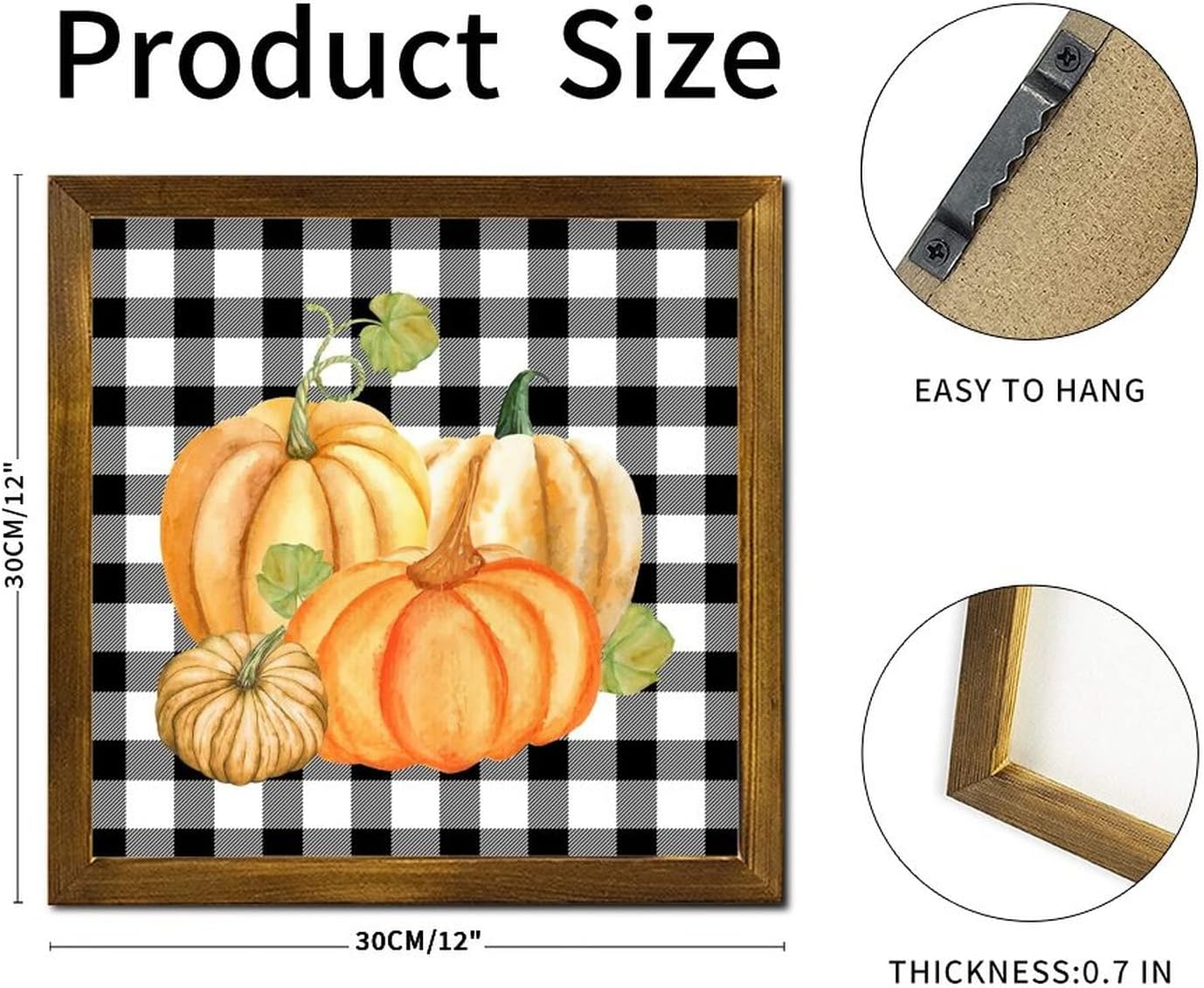 Farm Pumpkin Watercolor Buffalo Plaid Framed Wood Signs Maple Leaves Positive Wall Plaque Vintage Farm Harvest Wood Decor Farmhouse Wall Hanging Plaque for Home Office Bedroom 12x12 inch
