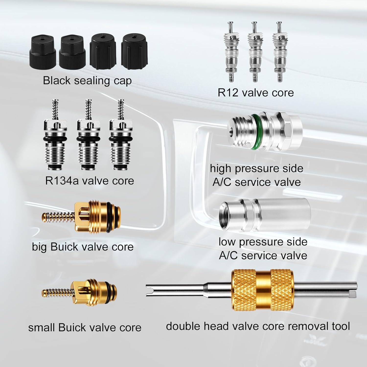 15pcs Air Conditioning Valve Core Kit, Refrigeration AC Valve Cores with Seals & Caps for R12 R134a Car HVAC AC System Repair Service Tools for Air Conditioning Line Maintenance