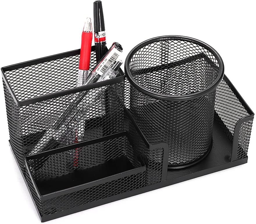 Ibluelover Pen Holder Metal Wire Mesh Pencil Container 4 Divided Compartments Home Office Supplies Desktop Accessory Organizer Storage Anti-Slip Pen Basket for Pen Paper Clips Stapler