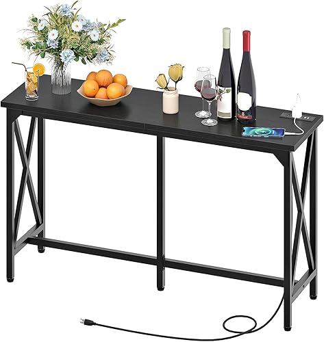 Miniatura 9 de 55'' Bar Table, Kitchen Dining Table with Power Outlet and Footrest, Industrial Style, for Pub, Living Room, Rustic Brown and Black TBT09UBB