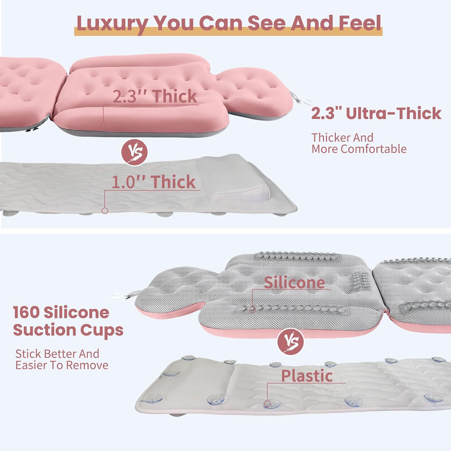 Luxury Bath Cushion, Full Body Bathtub Pillow with 160 Suction Cups, Bath Mat for Head and Neck Support, with Laundry Bag (​Light Pink, 51" x 16")