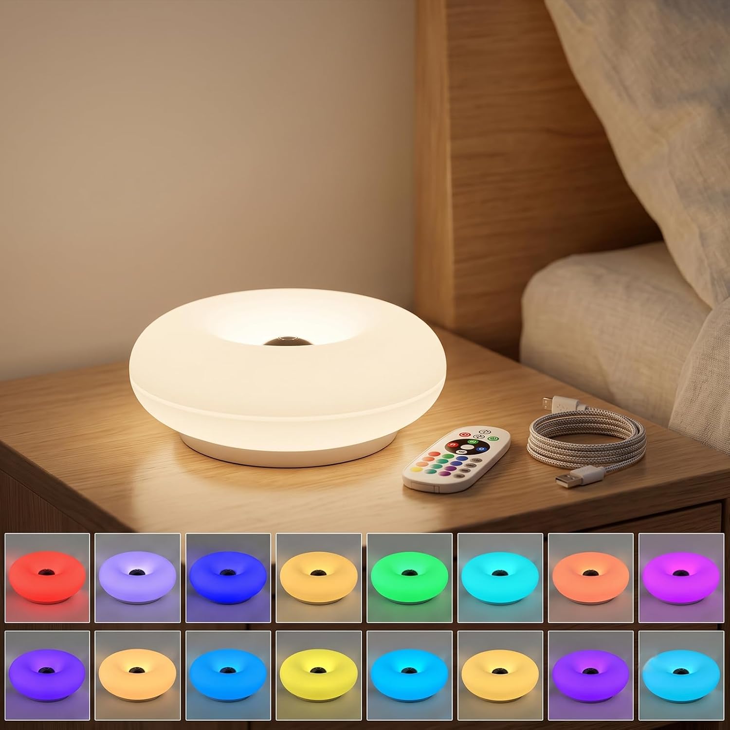 Donut Table Lamp,Rechargeable Donut Wall Lamp with 16-Color RGB Remote & Touch Control,Stepless Dimmable Night Light with Type-C Charging for Versatile Room Decor,Creative Gift