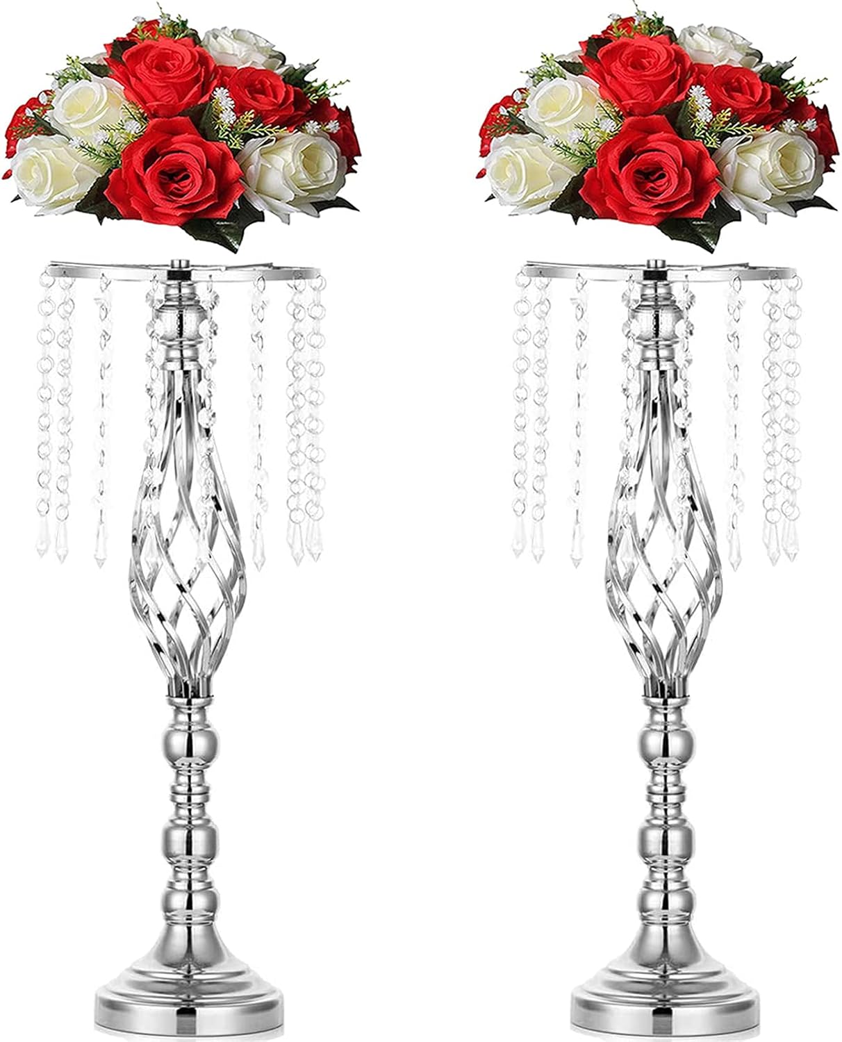 Sziqiqi Floral Centerpiece Riser Silver Tall Flower Crystal Centerpiece Stand with Crystal Beads for Event Party Wedding Reception Center Piece Floral Arrangements, 2pcs Silver 21.7inch
