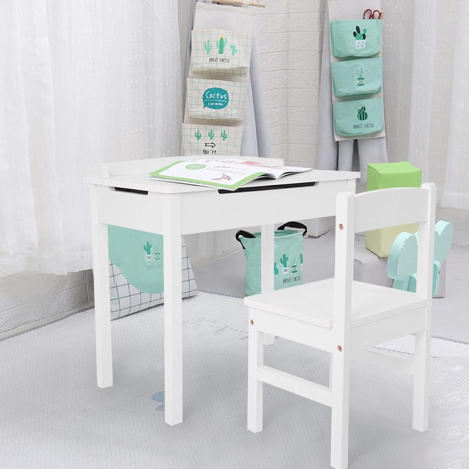 Cheapest 🛒 Hergoto Wooden Children's Table and Chair, Elegant White Small Desk, Children's Table Furniture, with Storage, Safe and Healthy Wooden Material-White