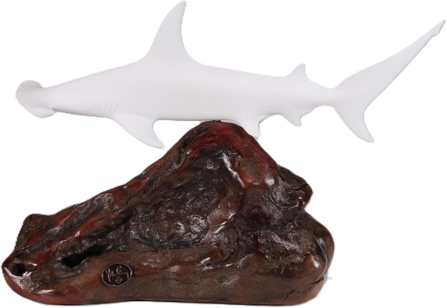 Hammerhead Shark Sculpture by John Perry 9 in Long Pellucida on burl Base. Signed.