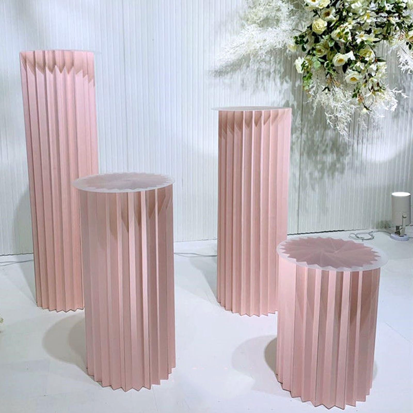 ARIASS 4pcs Foldable Paper Columns Cake Plinth, Cylinder Pedestal Stands for Party, With Acrylic Disc Roman Pillar for Cake Decoration (Color : Light pink, Size : 4 pces)