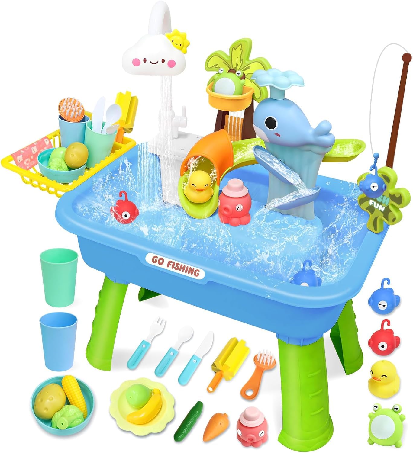 DUDUPIE Electric Water Table for Toddlers 1-5, Kids Play Sink with Running Water & Cloud Faucet, Sensory Toddler Water Activity Table with Fishing Game, Outdoor/Indoor Toy Gift for Boys & Girls (Blue)