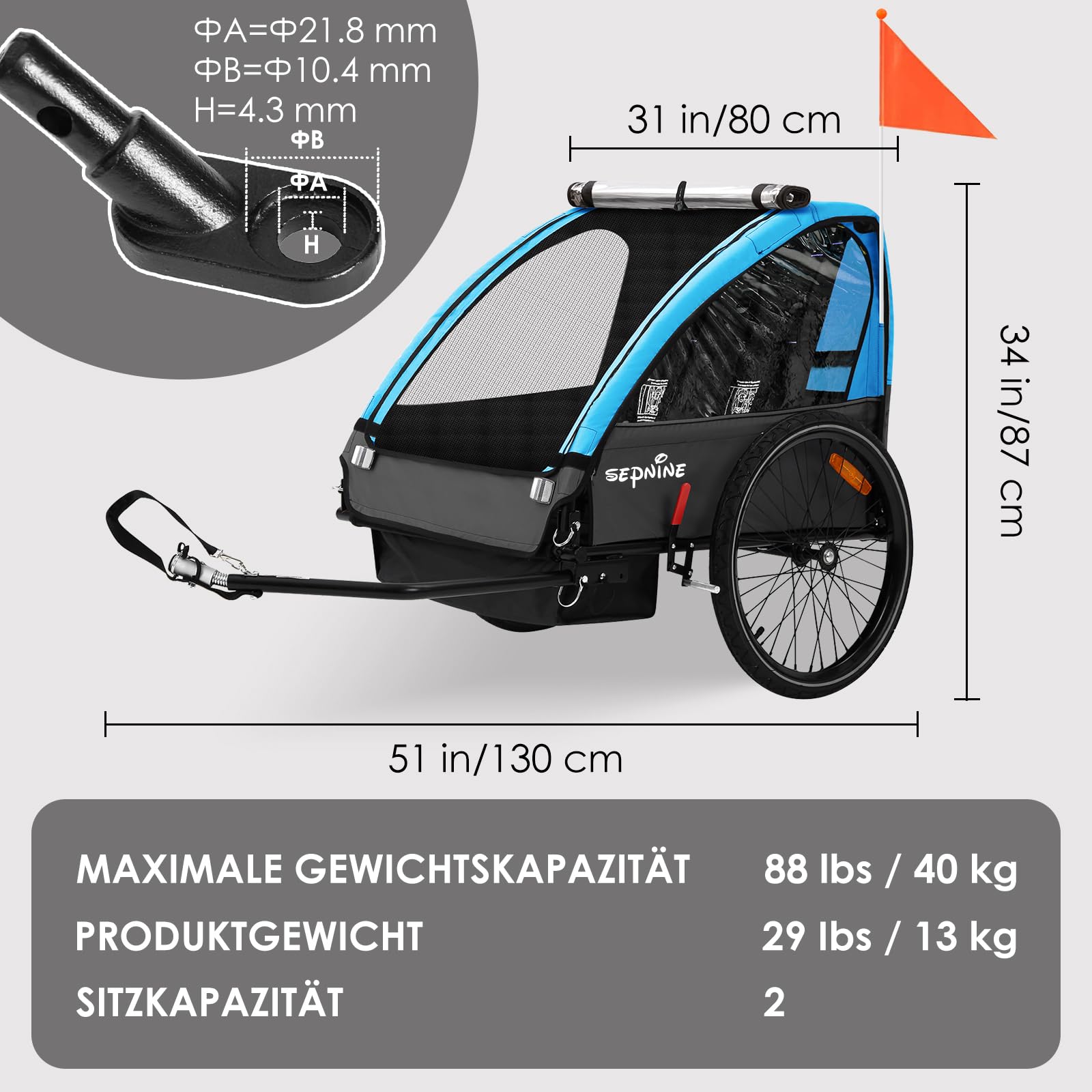 SEPNINE Kinderanhänger für Fahrrad, Fahrradanhänger für 1-2 Kinder, mit 5-Punkt-Sicherheitsgurt, Luftreifen, Handbremse, Faltbar, Max. 40 kg (Hellblau)
