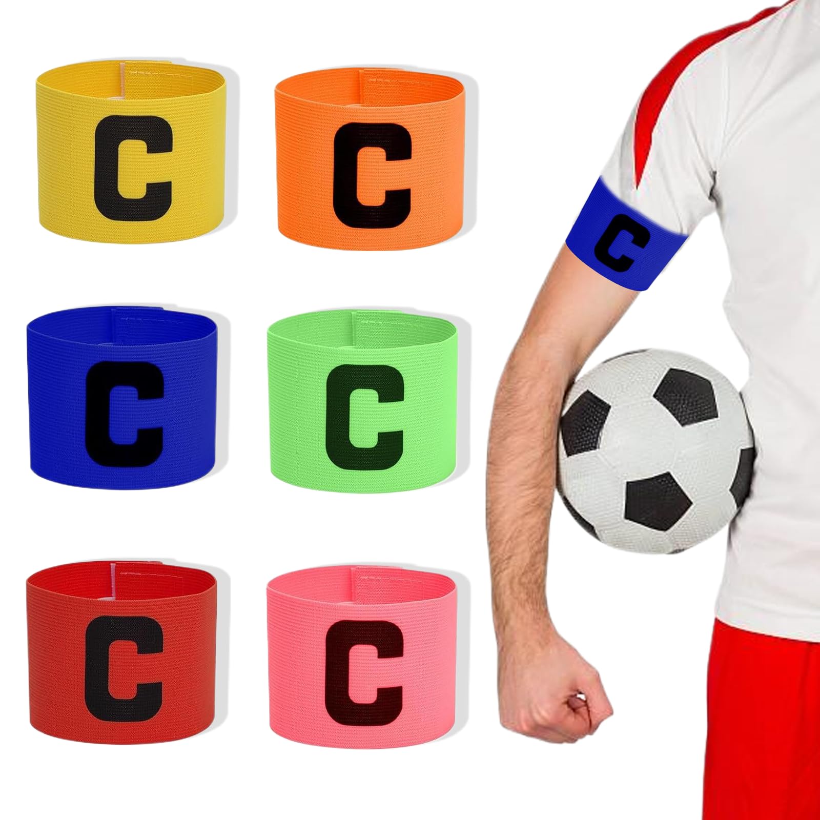 TARGONIX Captains Armbands 6 Pack Adjustable Elastic Football Captain Armband with Letter C Multi Colour Bands for Kids Youth Adult Soccer Rugby Hockey Netball