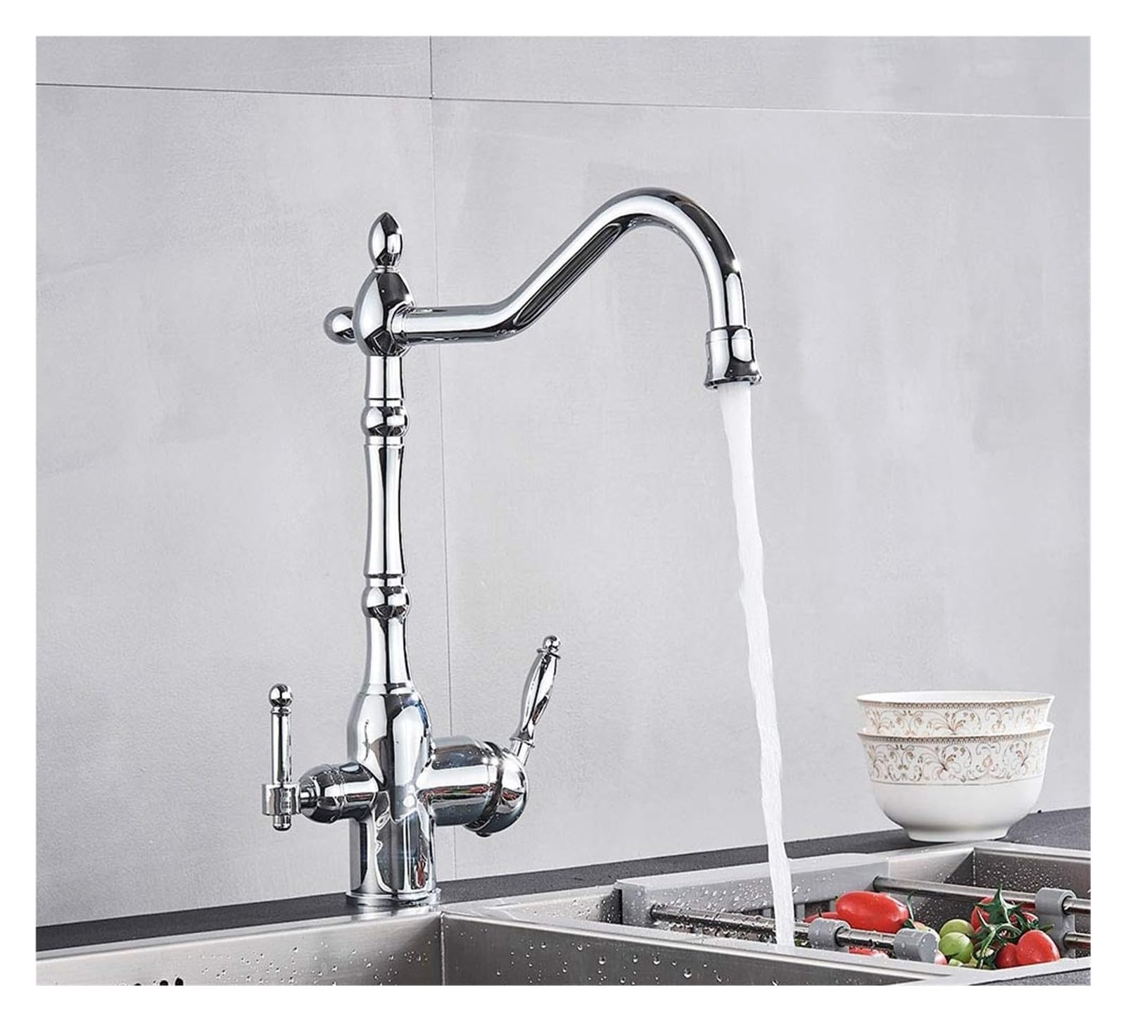 Mitigeur cuisine laiton pivotant finitions chrome et double commande haute précision