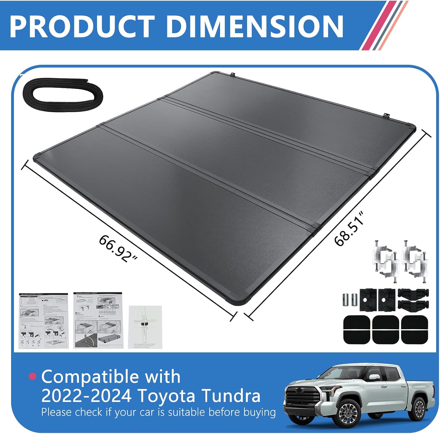 PENSUN Hard Tri-Fold Truck Bed Cover Fit for 2022 2023 2024 2025 Toyota Tundra, 5.5FT Black Aluminum Tonneau Cover Easy Installation