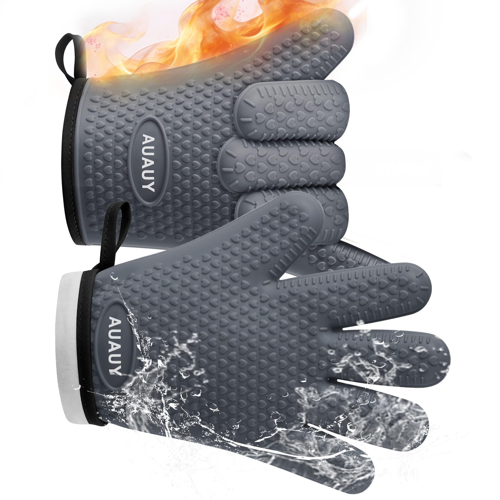 AUAUY 1 Pair Silicone Oven Gloves, Silicone & Cotton Double Layer Heat Resistant 446°F BBQ Gloves with Fingers, Non-Slip Kitchen Cooking Oven Gloves for Grilling Kitchen Baking Oven Microwave, Grey