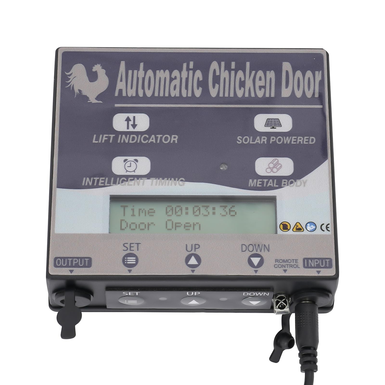Puerta de pollo automática solar con pantalla LCD, 24,5 x 37 cm, tapa eléctrica con mando a distancia y temporizador, sensor de luz para su gallinero (negro)