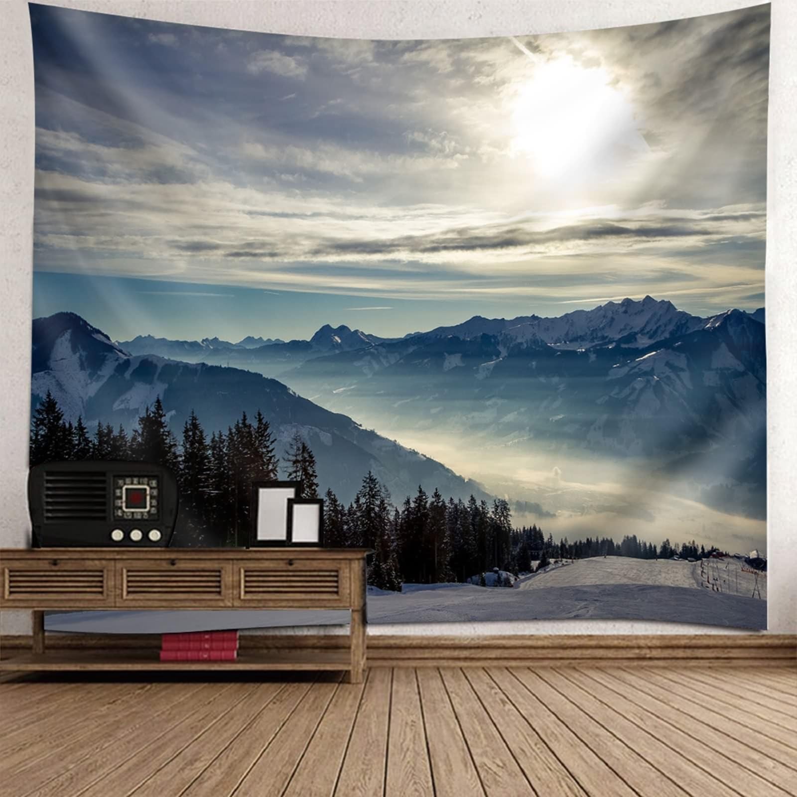 Dekoracja pokoju 3D szare dekoracje do sypialni śnieżna górska sceneria XXL mikrofibra szer. 137 cm x wys. 100 cm (350 x 256 cm)