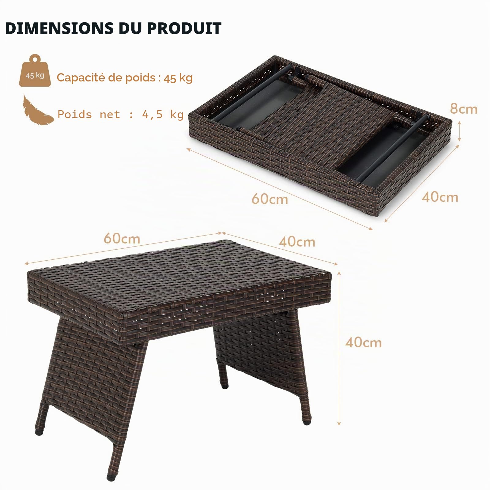 GIANTEX Table Basse Extérieure en Rotin, 60 x 40 x 40 cm, Petite Table Pliante de Jardin avec Patins Réglables, Mobilité Facile, Charge 45 kg, pour Salon de Jardin, Balcon, Patio, Terrasse (Brun)