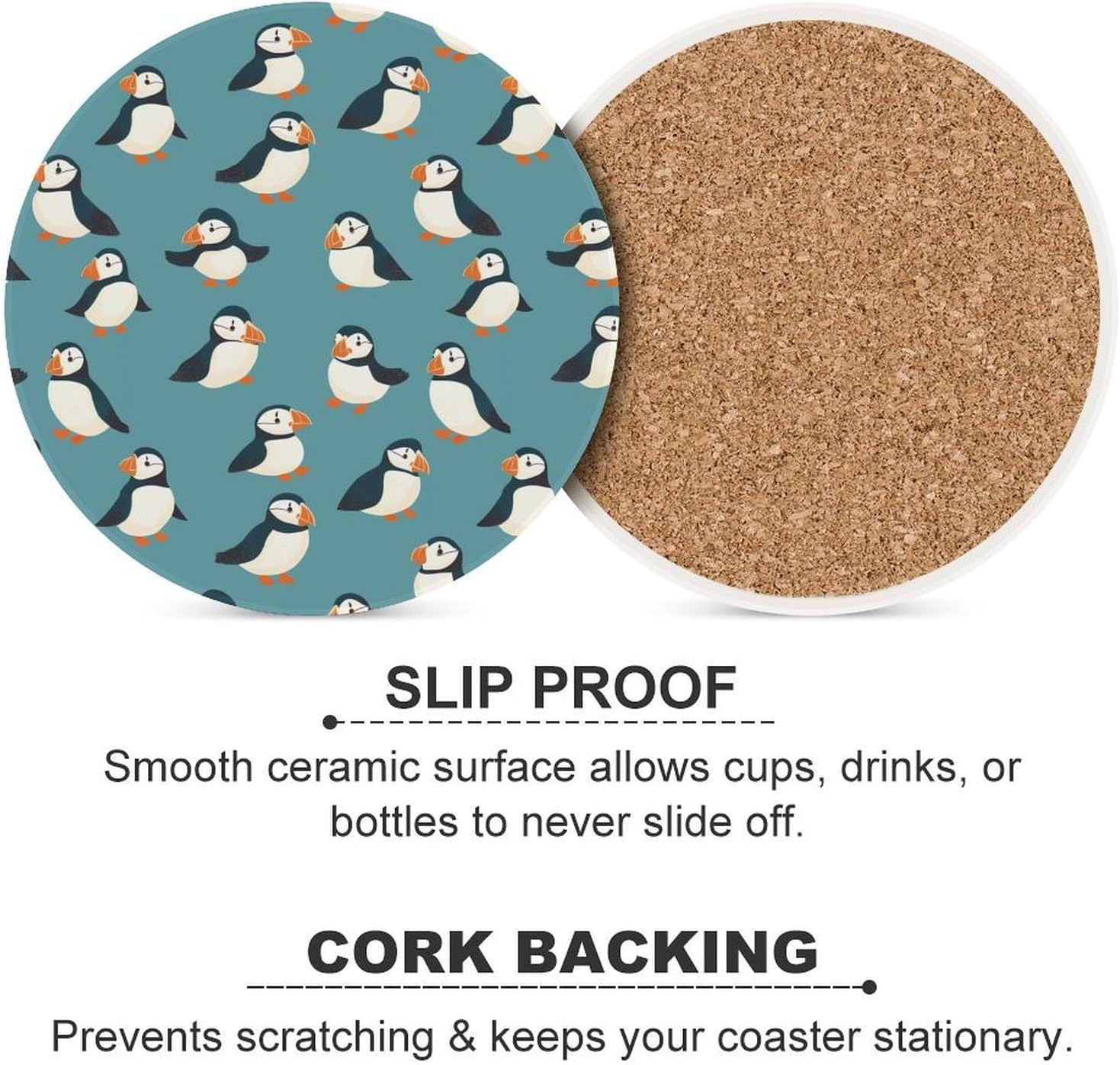 Cute Puffins1 Round Ceramic Coasters for Drinks Absorbent Cup Holder Tabletop Protector with Cork Base