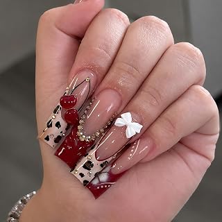 Long Press on Nails Square Seeneey Red Cherry and Bow Designs Rhinestone Stick on Nail for Women 24pcs
