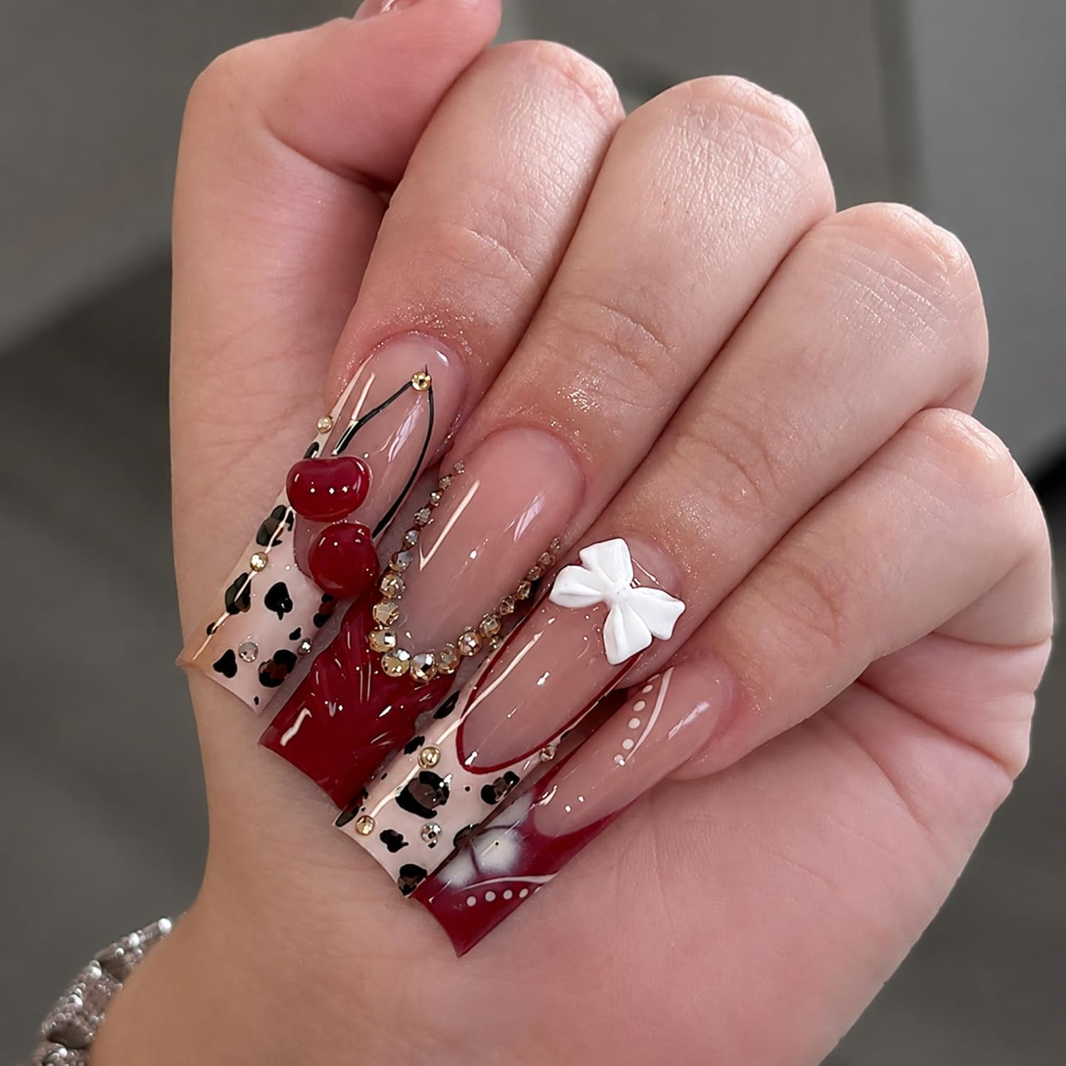 Long Press on Nails Square Seeneey Red Cherry and Bow Designs Rhinestone Stick on Nail for Women 24pcs