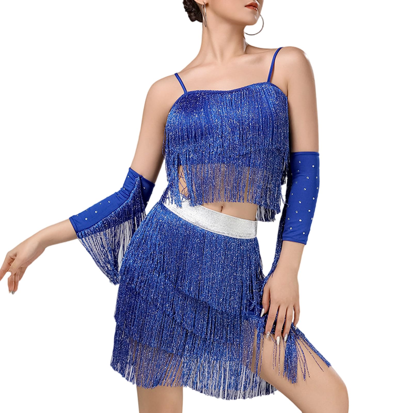 Stage Ready Latino Dress Set Morbido Tessuto Musica Festival Abbigliamento Decorativo Nappe Movimento Costume Strappato Frange Dance Outfit