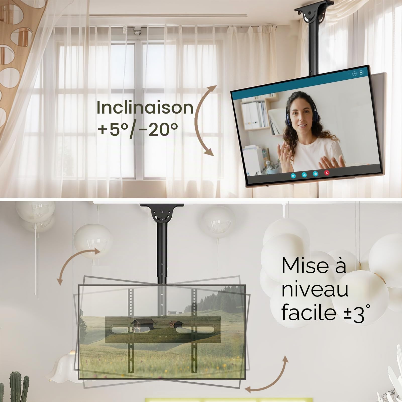 Support TV Plafond pour Téléviseurs LCD LED Plats/Incurvé de 26 à 65 Pouces, VESA jusqu'à 400×400mm Charge 45 kg, Inclinaison à 20° et Rotation à 360°, Support Mural TV