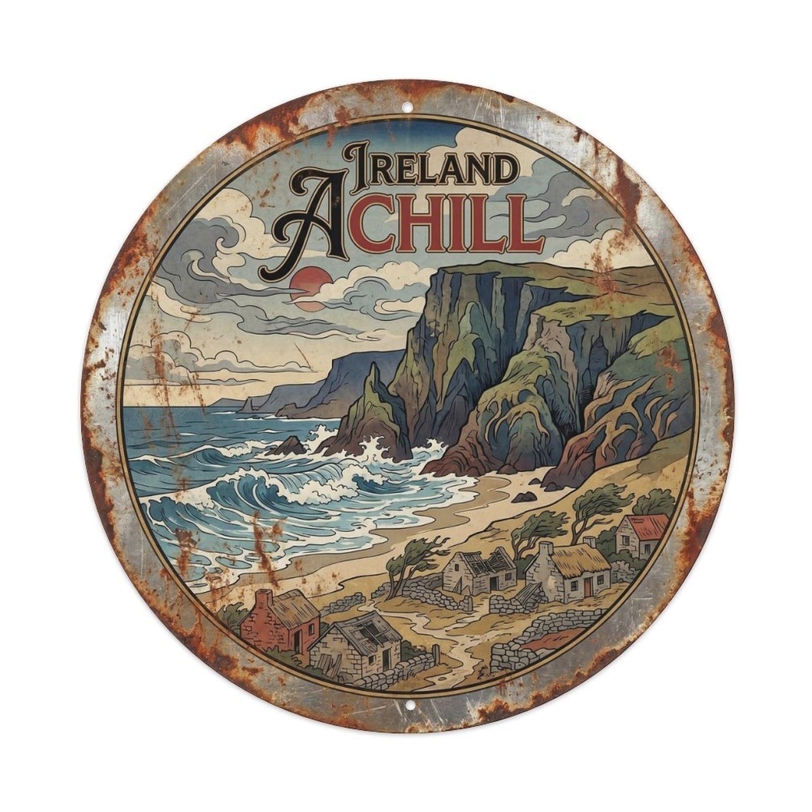 Achill Cliffs Irish Woodblock Seaside Scenery Metal Tin Sign