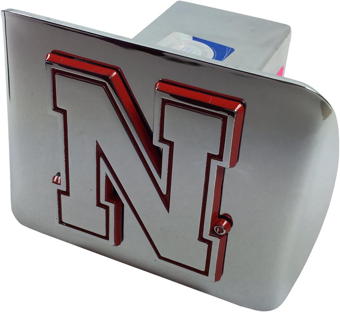 University of Nebraska Metal Emblem (Chrome with red Trim) on Chrome Metal Hitch Cover (Iron N)