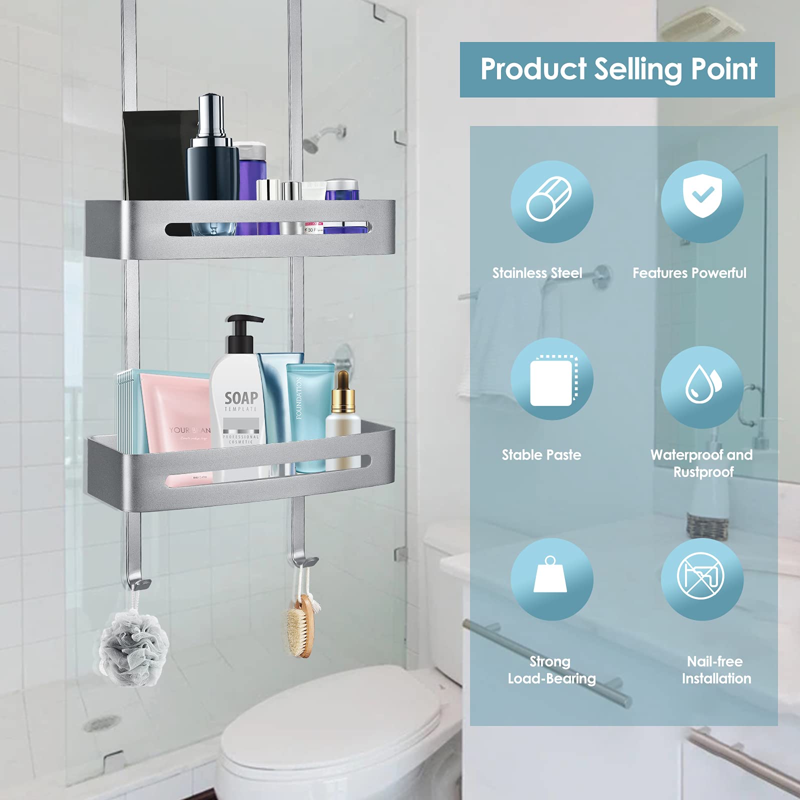 Organizador de ducha colgante, estante para colgar sobre la puerta con 2 niveles, sin necesidad de taladrar,Organizador de baño con 5 ganchos, estante para champú y gel.