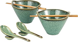 HENXFEN LEAD Tazón de ramen japonés, 2 unidades, 600 ml, juego de cuencos de cerámica con palillos, cuchara y cuchara, verde brillante
