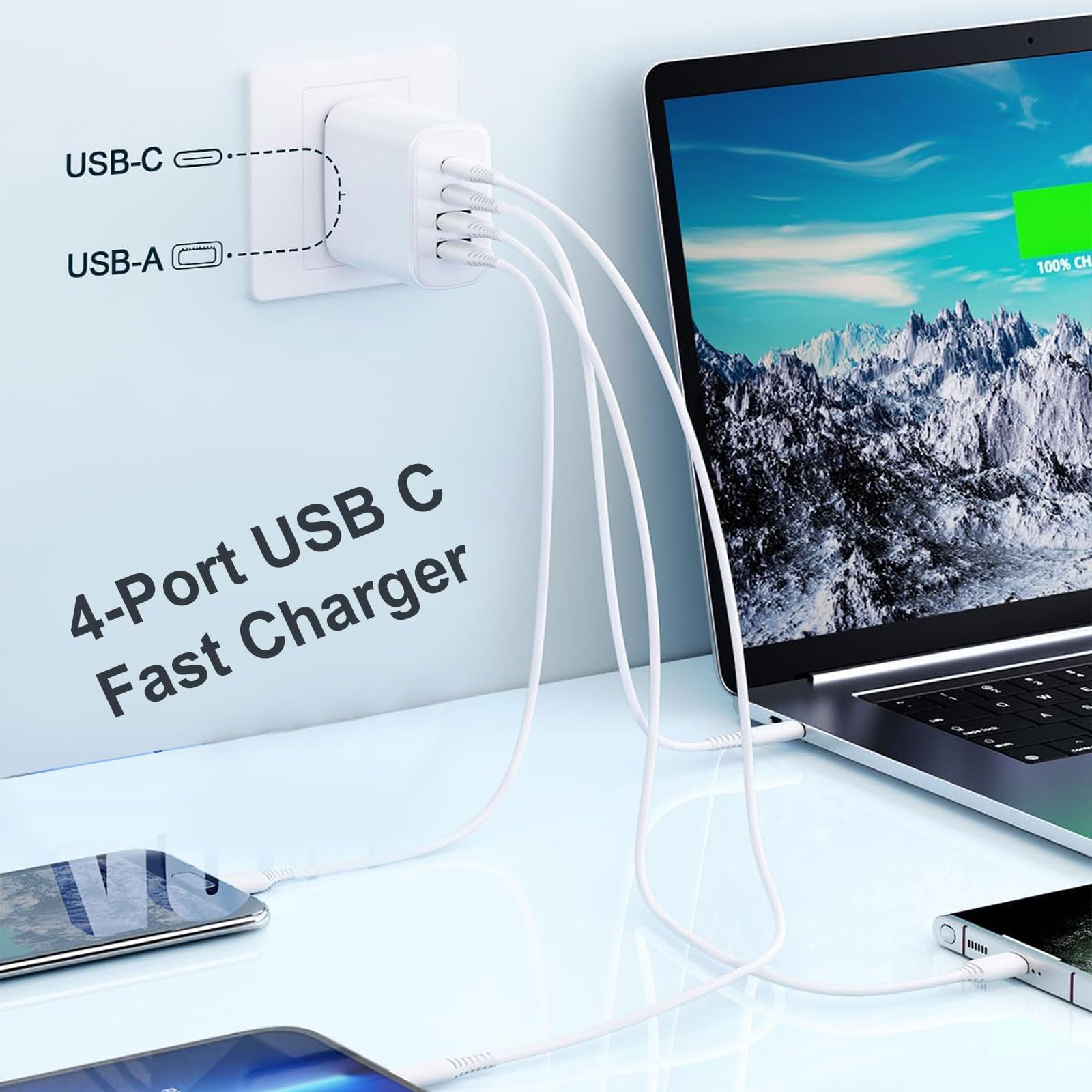 Chargeur USB C, adaptateur de charge mural, chargeur USB bloc plusieurs ports avec câbles C vers C pour iPhone 16/16 Plus/16 Pro/16 Pro Max/iPhone 15/15 Plus/15 Pro/15 Pro Max