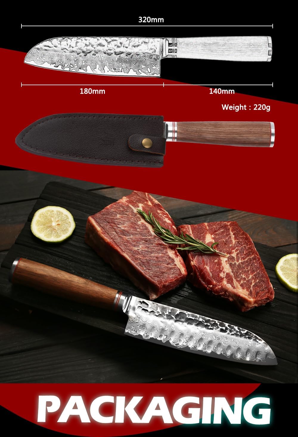 YOUSUNLONG Santoku Knives 7 inch Professional Chef Knife Asian knife Japanese Hammered Damascus Steel Natural Walnut Wooden Handle